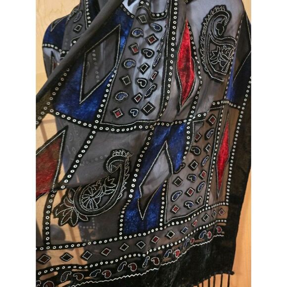 Velvet & Sheer Patchwork Paisley Design Shawl With Fringe - Black Red & Blue - Picture 3 of 8